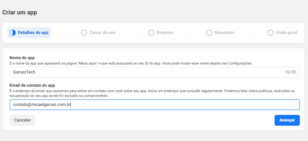 Tela de criação do app mostrando o campo de nome e email de contato