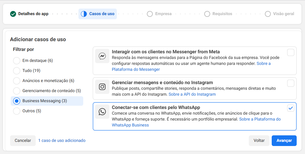 Tela de seleção de caso de uso com Business Messaging e WhatsApp selecionados