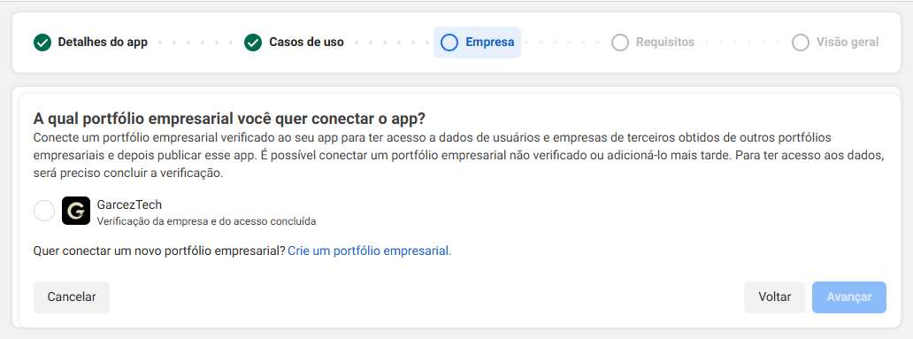 Tela de seleção do portfólio empresarial para conectar ao app