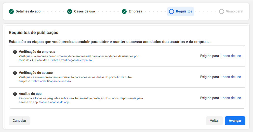 Tela de requisitos de publicação mostrando as três etapas necessárias