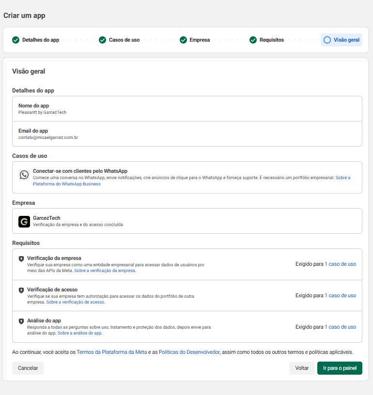 Visão geral de todas as opções escolhidas antes de criar o app
